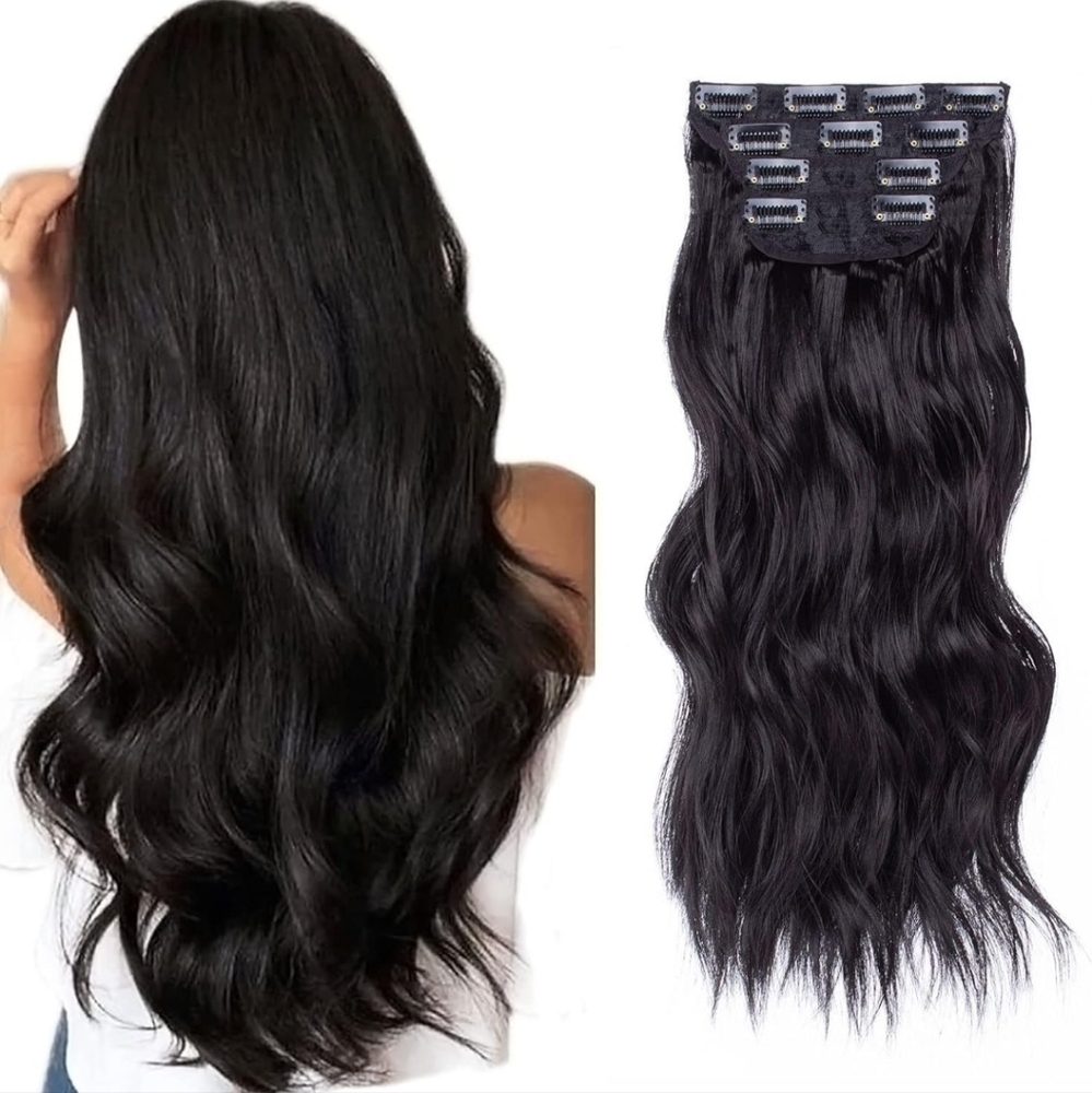 16 Inch Wavy Hair Extensions Clip in Black Hair Extensions Synthetic Hair